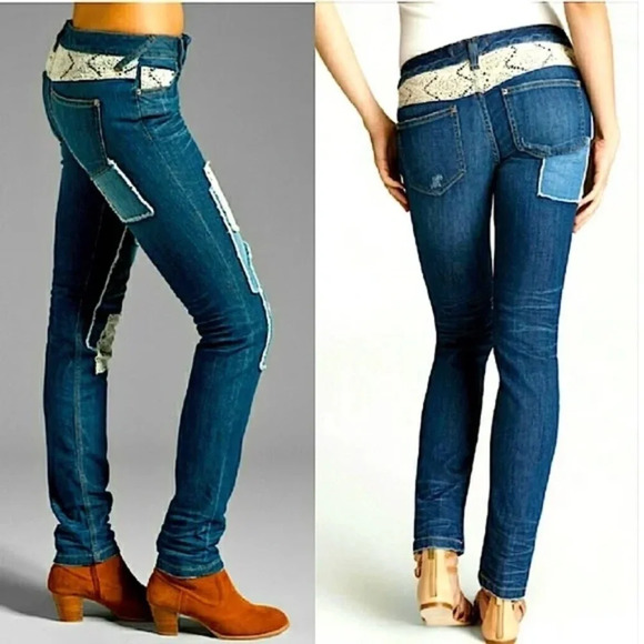 Free People Patchwork Skinny Jeans Size 25 Daisy Haynes Crochet Lace Festival - Picture 4 of 14